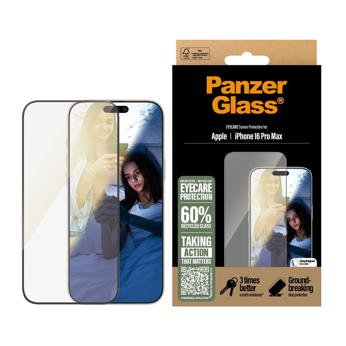 PanzerGlass® EyeCare Skærmbeskyttelse iPhone 16 Pro Max | Ultra-Wide Fit